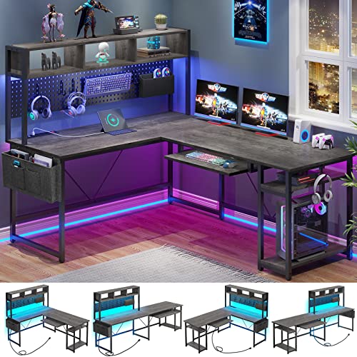 Black L Shaped Gaming Desk with Power Outlet and Pegboard U905