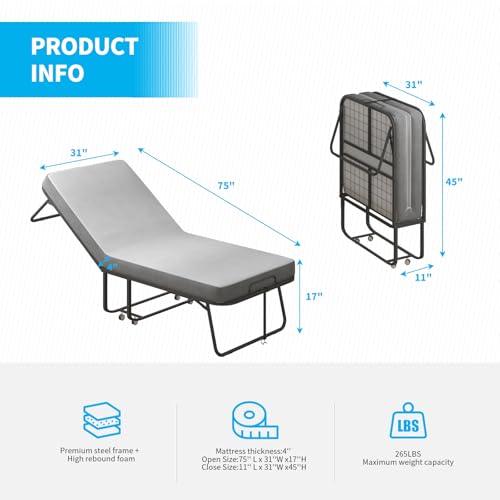 Twin Size Folding Bed with 4" Foam Mattress F7664