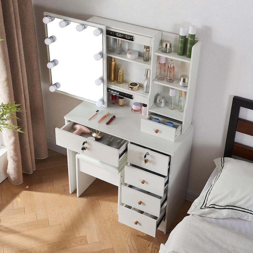 Girls Makeup Vanity with Sliding Mirror and Lights, Lockable Drawers and Cabinets, Dressing Cosmetic Table with Soft Chair L41023