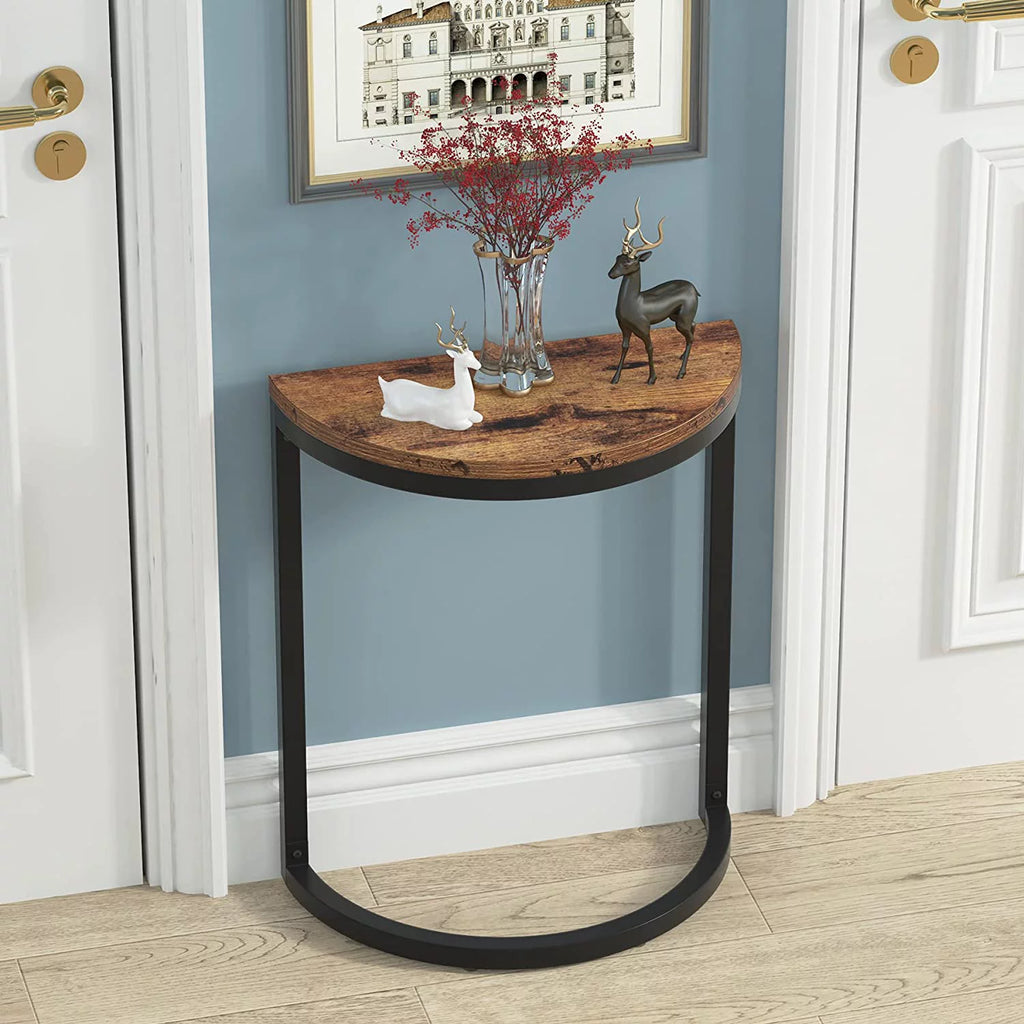 Wood End Table Half Round with Metal Frame, Brown (1PC) K2216