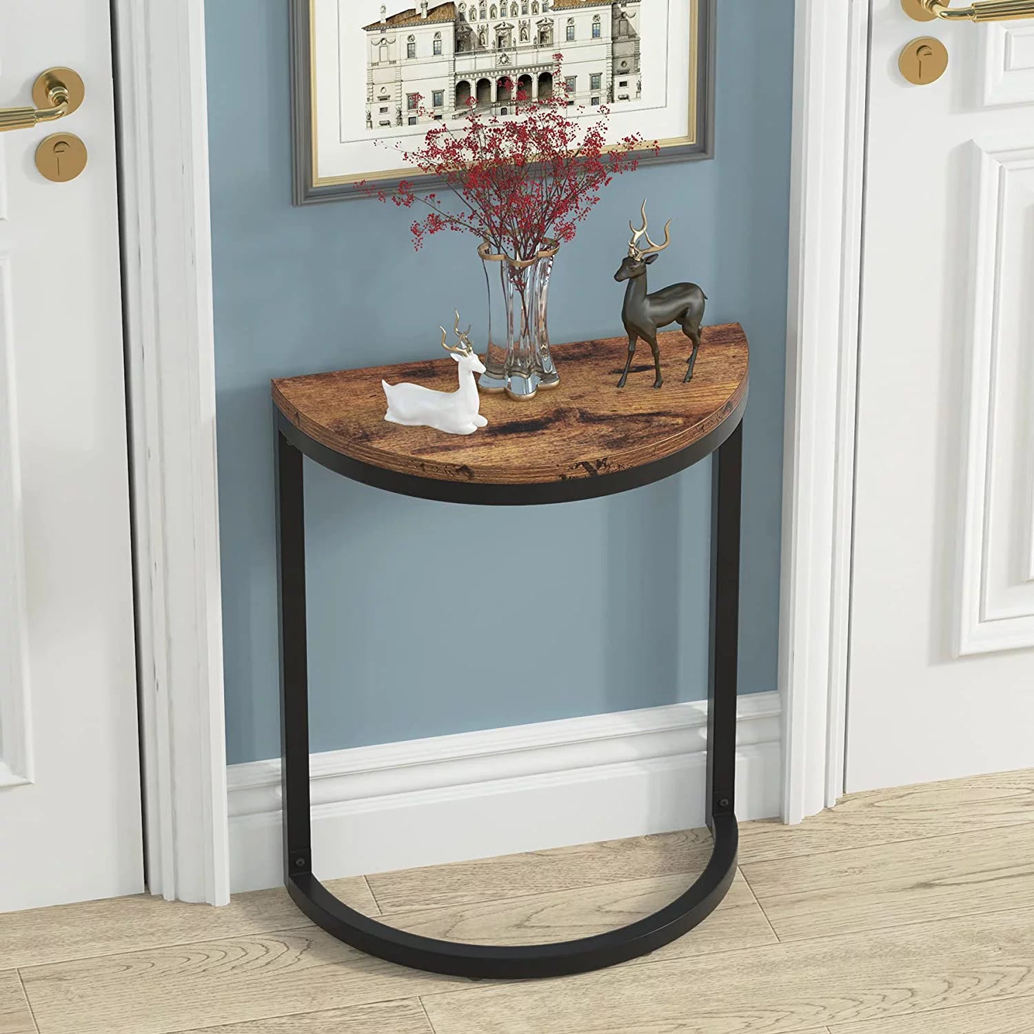 Wood End Table Half Round with Metal Frame, Brown (1PC) K2216