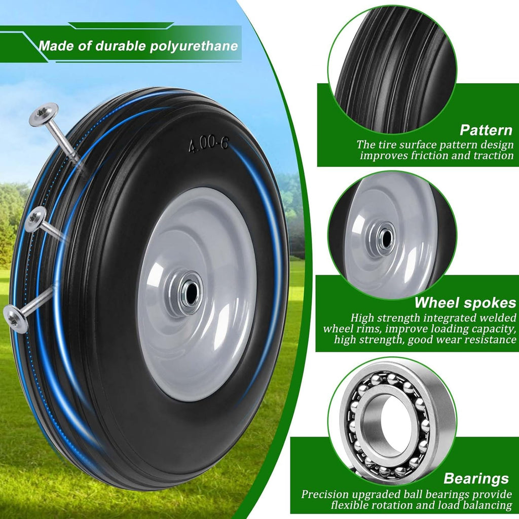 13 Inch 4.00-6 Flat Free Solid Tire and Wheel Replacement with Bearings H605738