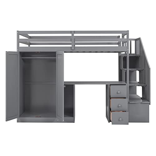 Twin Size Solid Wood Loft Bed with Desk and Stairs H201