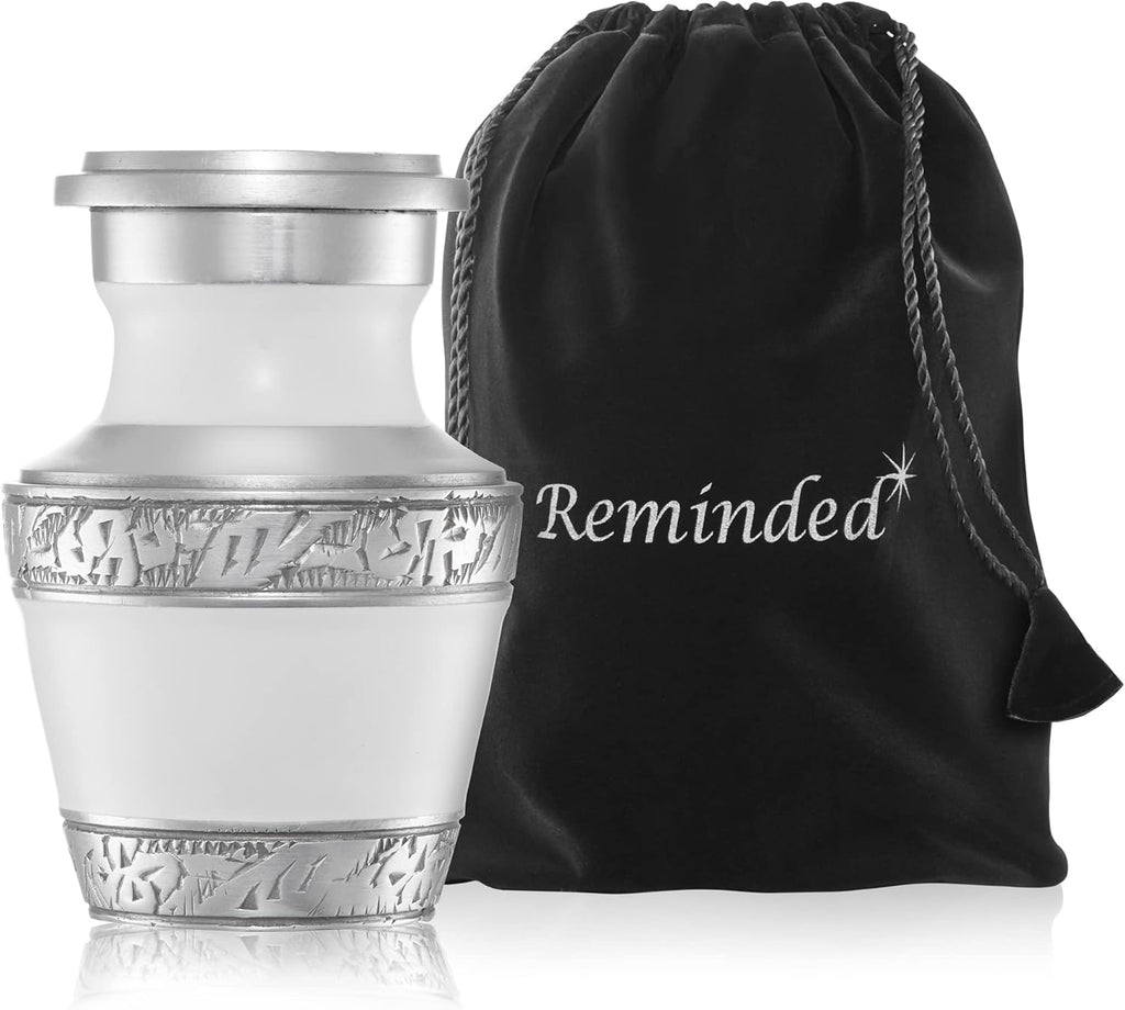 White and Silver Miniature Cremation Memorial Urn with Velvet Case C96760