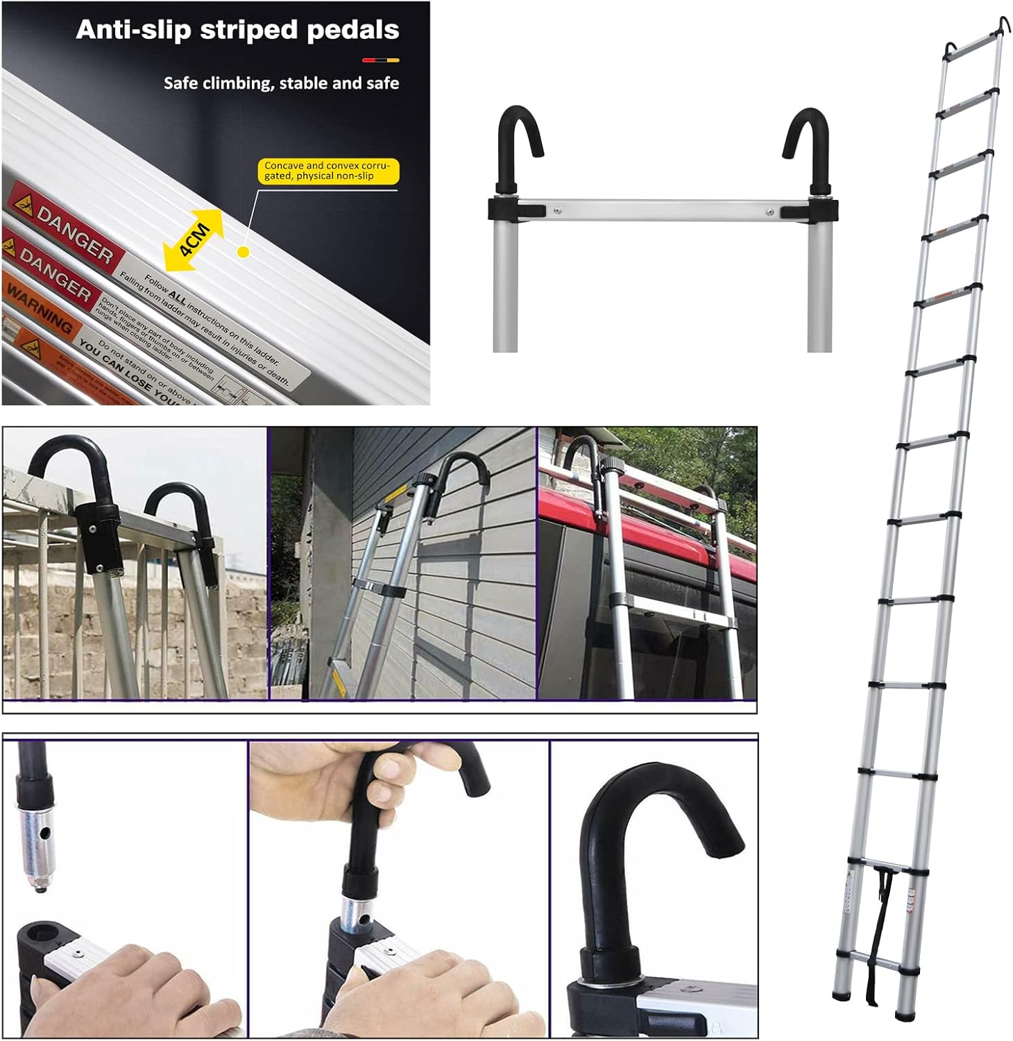 16FT Aluminum Telescoping Extension Ladder with Roof Hooks N884