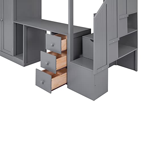 Twin Size Solid Wood Loft Bed with Desk and Stairs H201