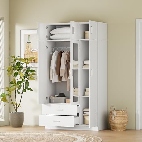 White 3 Doors Wooden Wardrobe with 2 Drawers and Top Cabinet N3080