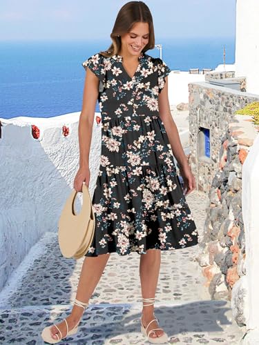 Womens Ruffle Sleeve V Neck Midi Dress Flowy Tiered Boho Sundress H8628