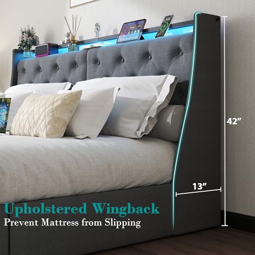 Gray Queen Upholstered Platform Bed Frame with 2 Storage Drawers and LED Light D12587