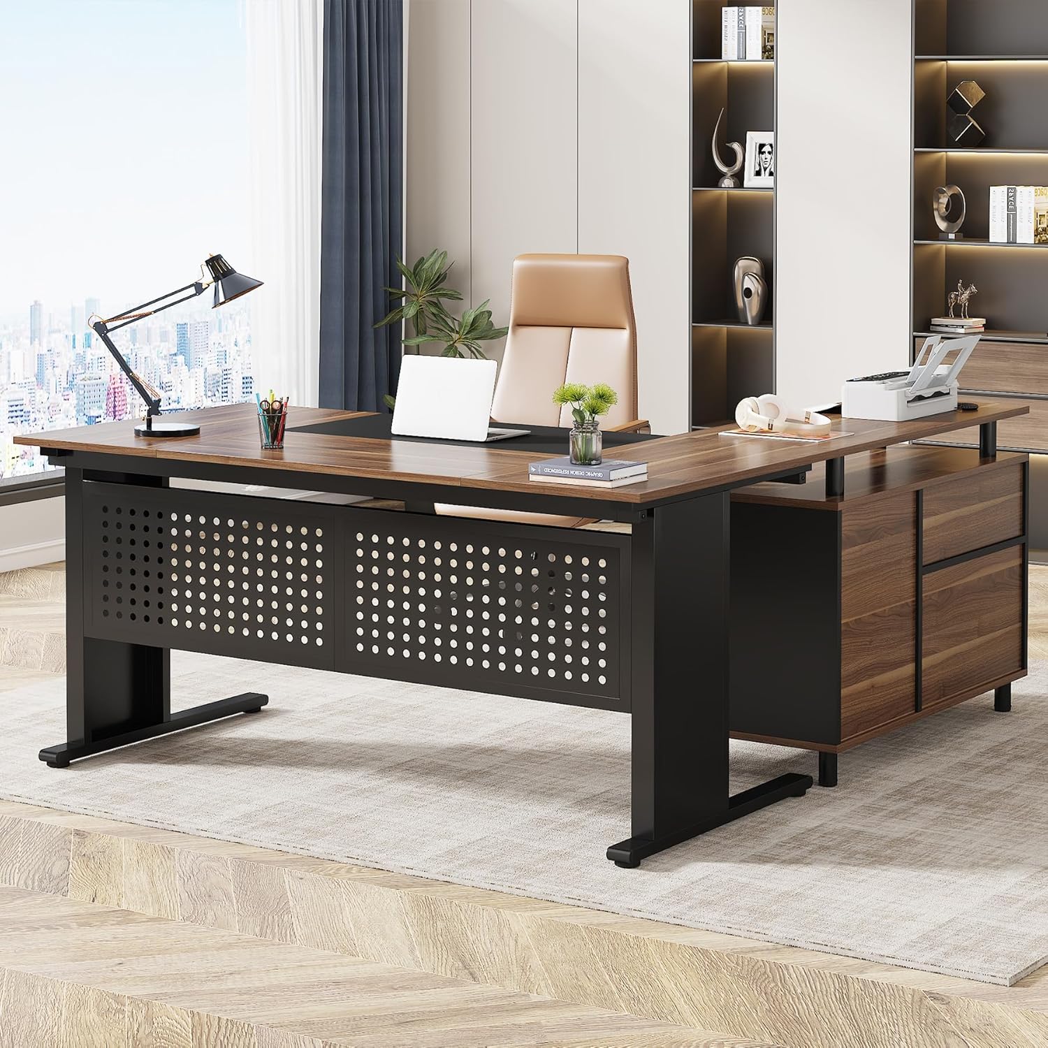 Brown and Black 63 Inch L Shaped Computer Desk with File Cabinet M226341