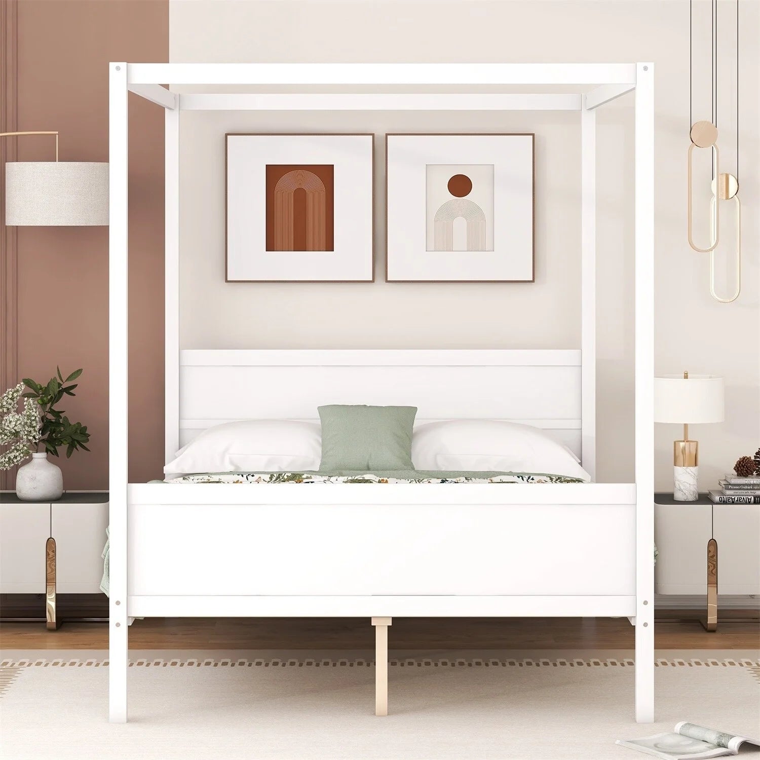 White Queen Size Canopy Platform Bed with Headboard and Footboard R26313