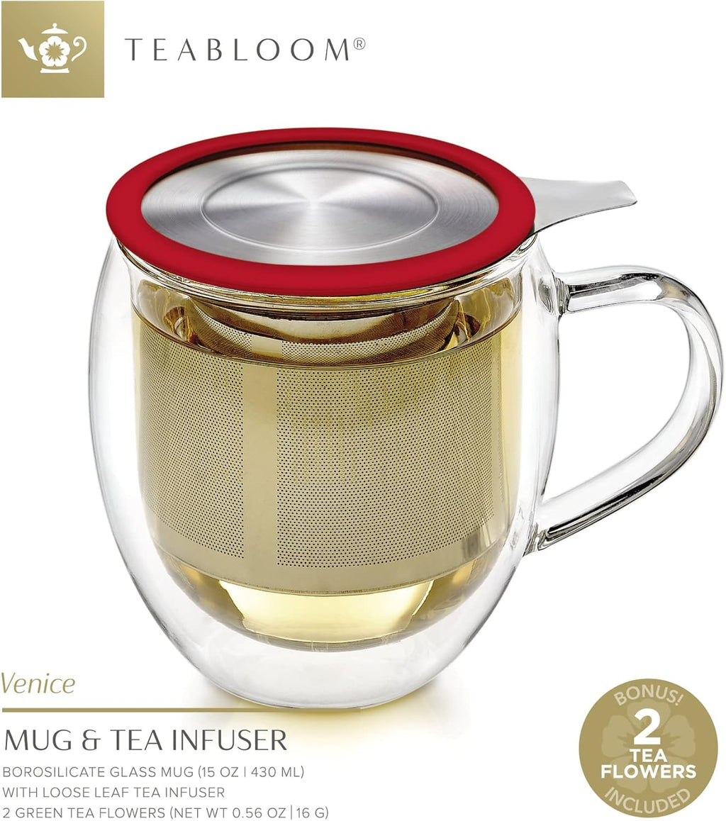 Double-Wall Borosilicate Glass Mug with Stainless Steel Infuser and Lid – 15 OZ R674