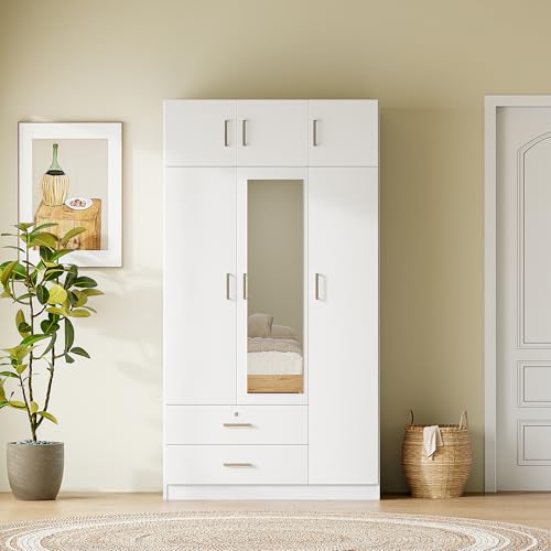 White 3 Doors Wooden Wardrobe with 2 Drawers and Top Cabinet N3080