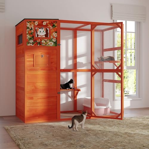 Large Wood Cat Catio with Weatherproof Roof, 2 Resting Rooms, 2 Platforms, 4-Tier Cat Playpen H4344