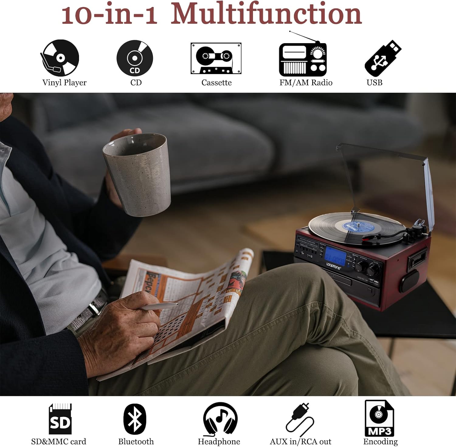 10 in 1 Bluetooth Record Player Turntable with CD Player Cassette AM/FM Radio O57075
