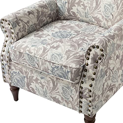 Pink Floral Pattern Wingback Accent Chair with Wood Legs & Removable Cushion T95045