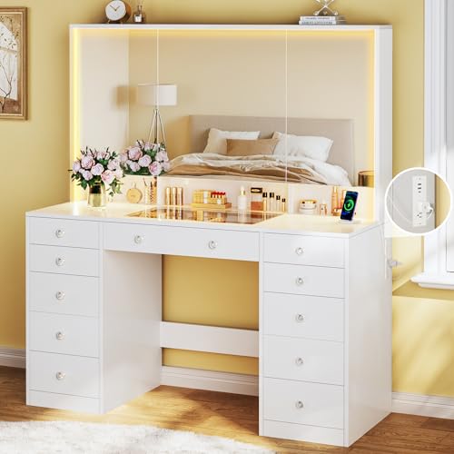 White 50" Vanity Desk with Mirror and Lights, Glass Top, 11 Drawers & 8 Hidden Storage Shelves, 3 LED Lighting Modes V24367