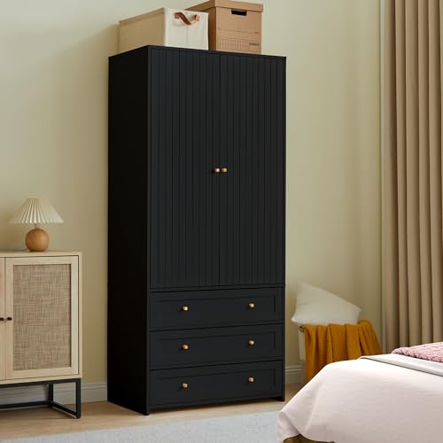 Black 71" Wooden Wardrobe Armoire with 3 Drawers F4485