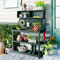 Brown Wooden Potting Bench Table with 2 Drawers, Cabinet, Open Shelves O84288