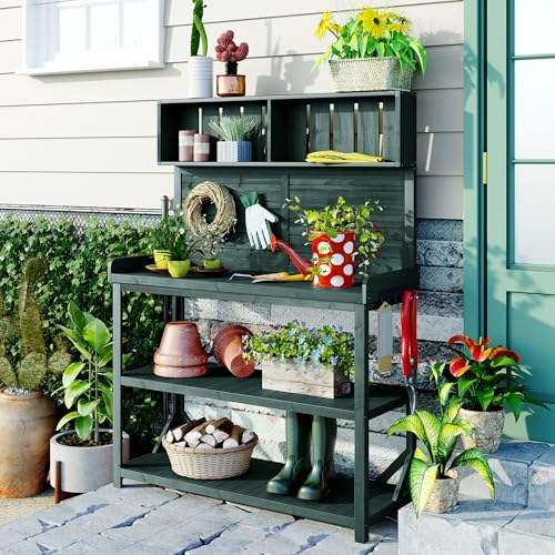 Brown Wooden Potting Bench Table with 2 Drawers, Cabinet, Open Shelves O84288