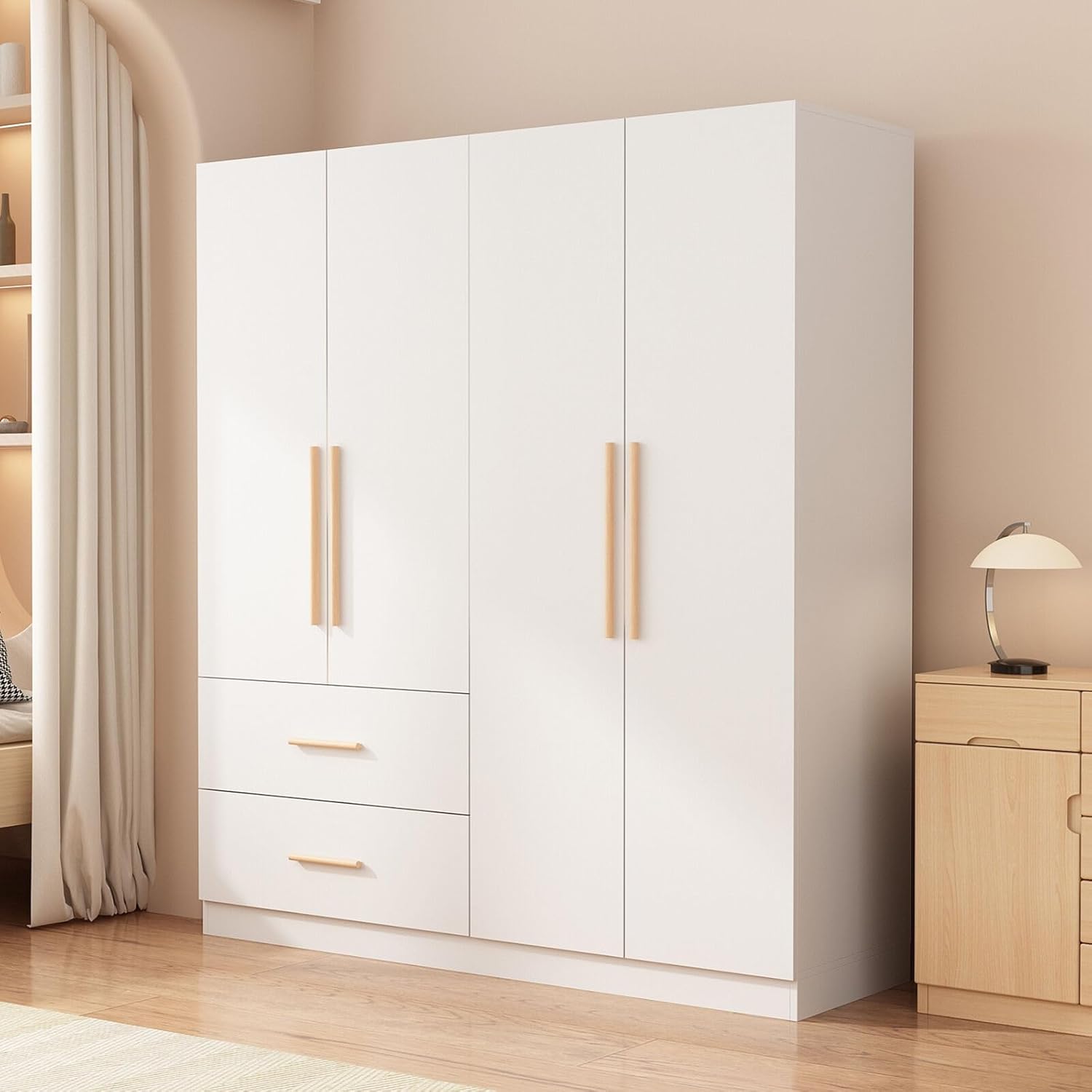 White 4-Door 2-Drawer Wood Wardrobe Armoire O123778