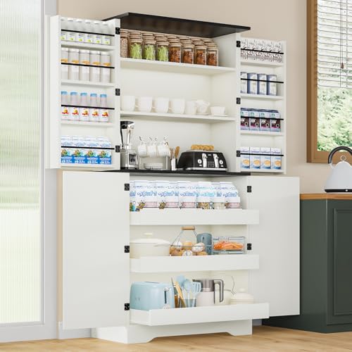 White 72" Kitchen Pantry Storage Cabinet with 8 Shelves and 3 Pull-Out Racks A60168