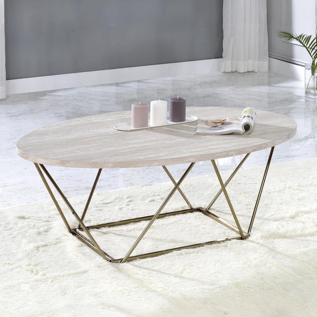Oval Coffee Table with Faux Marble Top and Gold Metal Legs Z62574