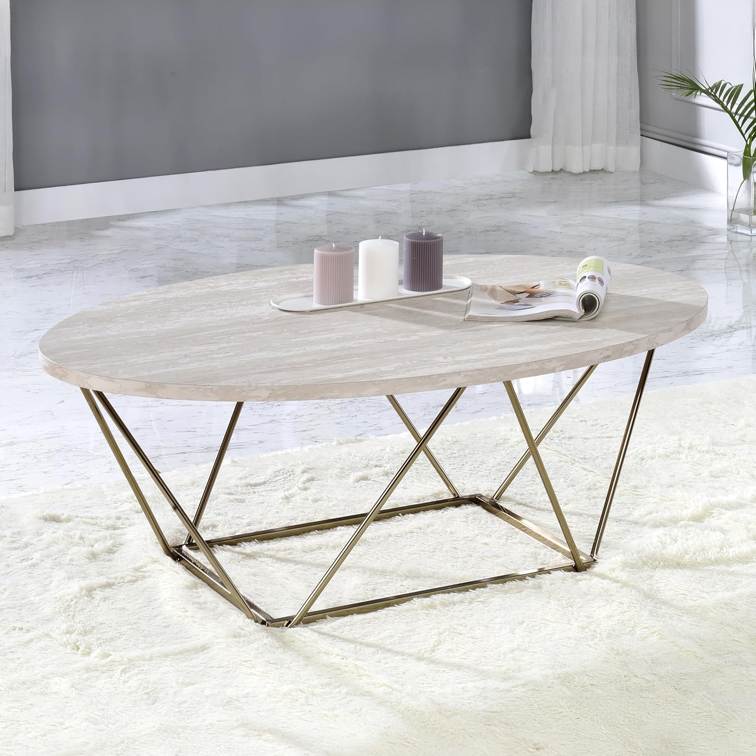 Oval Coffee Table with Faux Marble Top and Gold Metal Legs Z62574