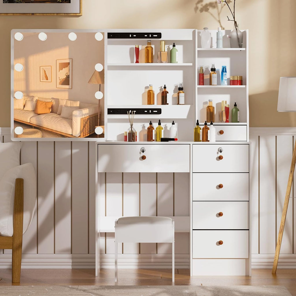 Girls Makeup Vanity with Sliding Mirror and Lights, Lockable Drawers and Cabinets, Dressing Cosmetic Table with Soft Chair L41023