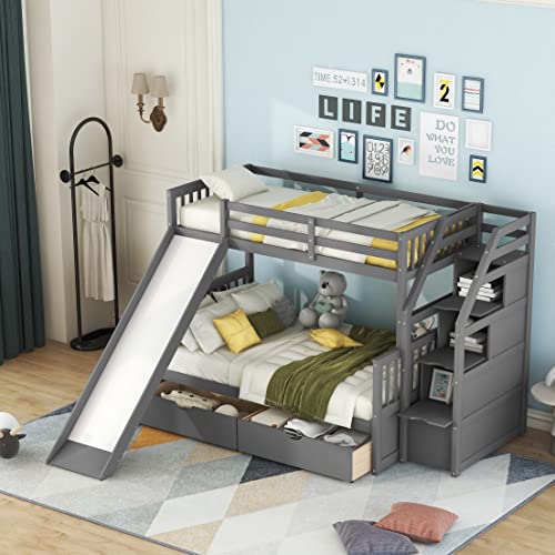 White Wood Twin Over Full Bunk Bed with Slides, Stairway, Drawers, and Safety Fence H661332