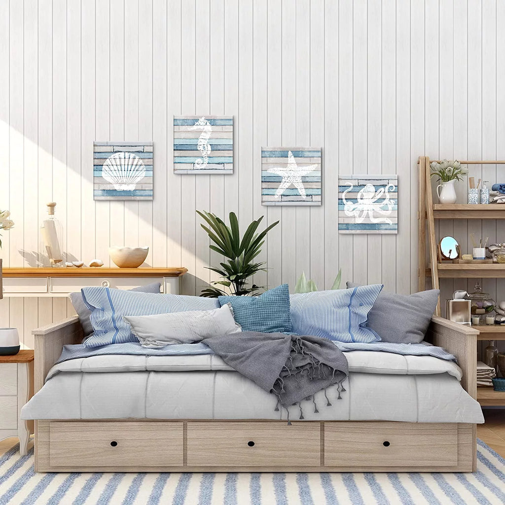 Blue Coastal Nautical Canvas Prints set of 4, 12x12 inch K309397