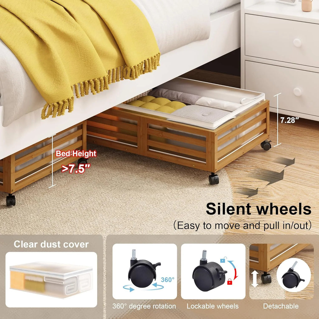 2 Pcs Bamboo Wood Rolling Underbed Storage Bins with Wheels M361