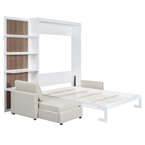 Queen Size Wood Murphy Bed with Sofa and Shelves, White K404134