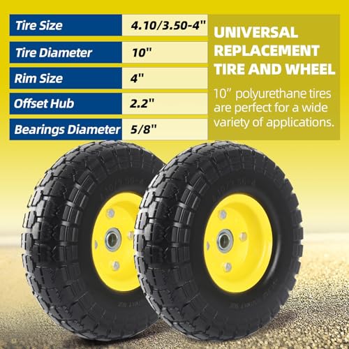 2-Pack 10-Inch Solid Rubber Flat Free Tire Wheels with 5/8" Bearings C802