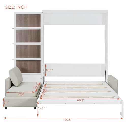Queen Size Wood Murphy Bed with Sofa and Shelves, White K404134
