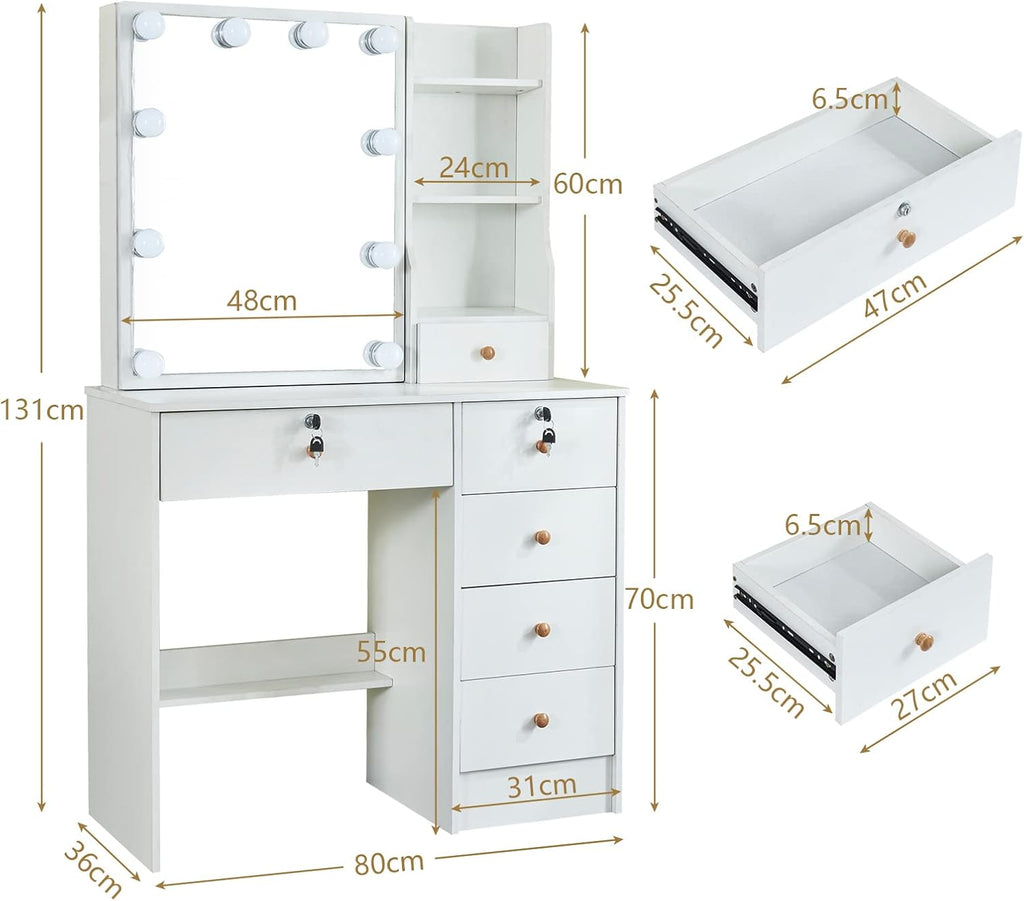 Girls Makeup Vanity with Sliding Mirror and Lights, Lockable Drawers and Cabinets, Dressing Cosmetic Table with Soft Chair L41023