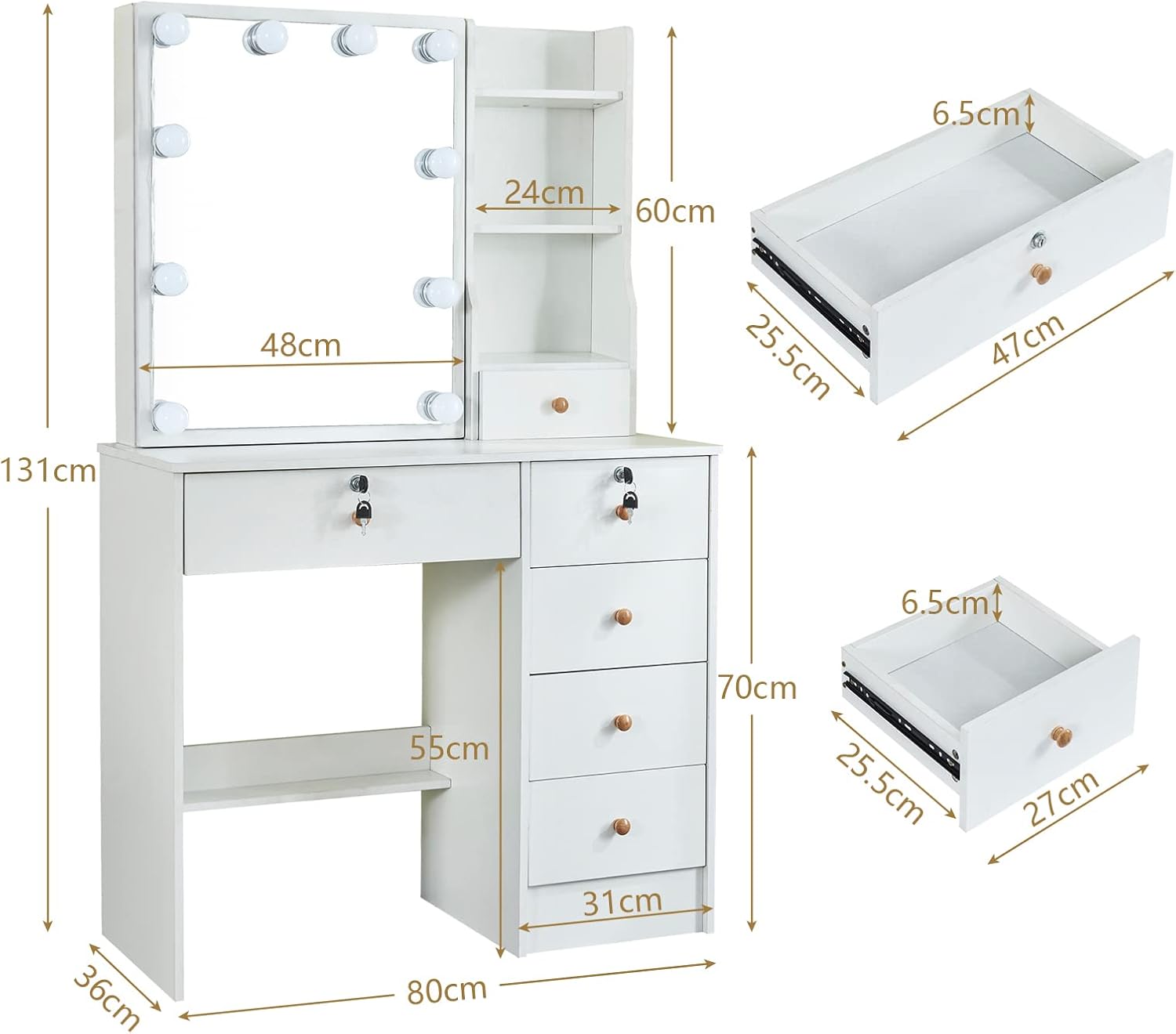 Girls Makeup Vanity with Sliding Mirror and Lights, Lockable Drawers and Cabinets, Dressing Cosmetic Table with Soft Chair L41023