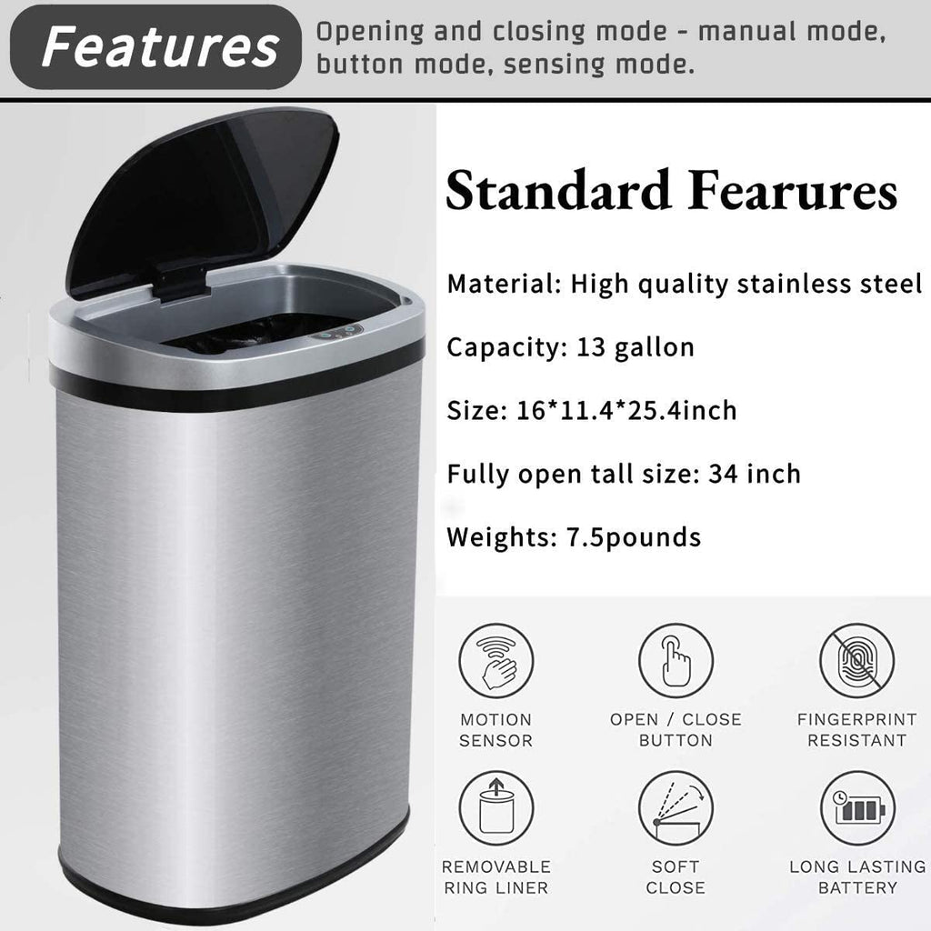 13 Gallon Stainless Steel Motion Sensor Trash Can with Lid J61529