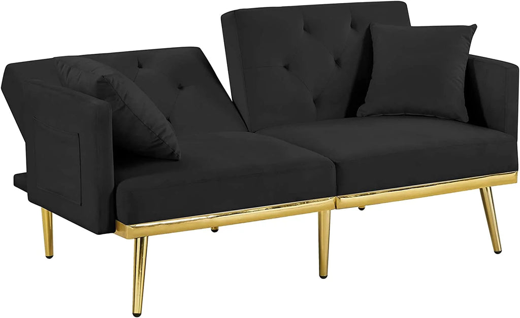 59" Convertible Velvet Sofa Bed with 2 Pillows & Side Pockets (Black) G645415