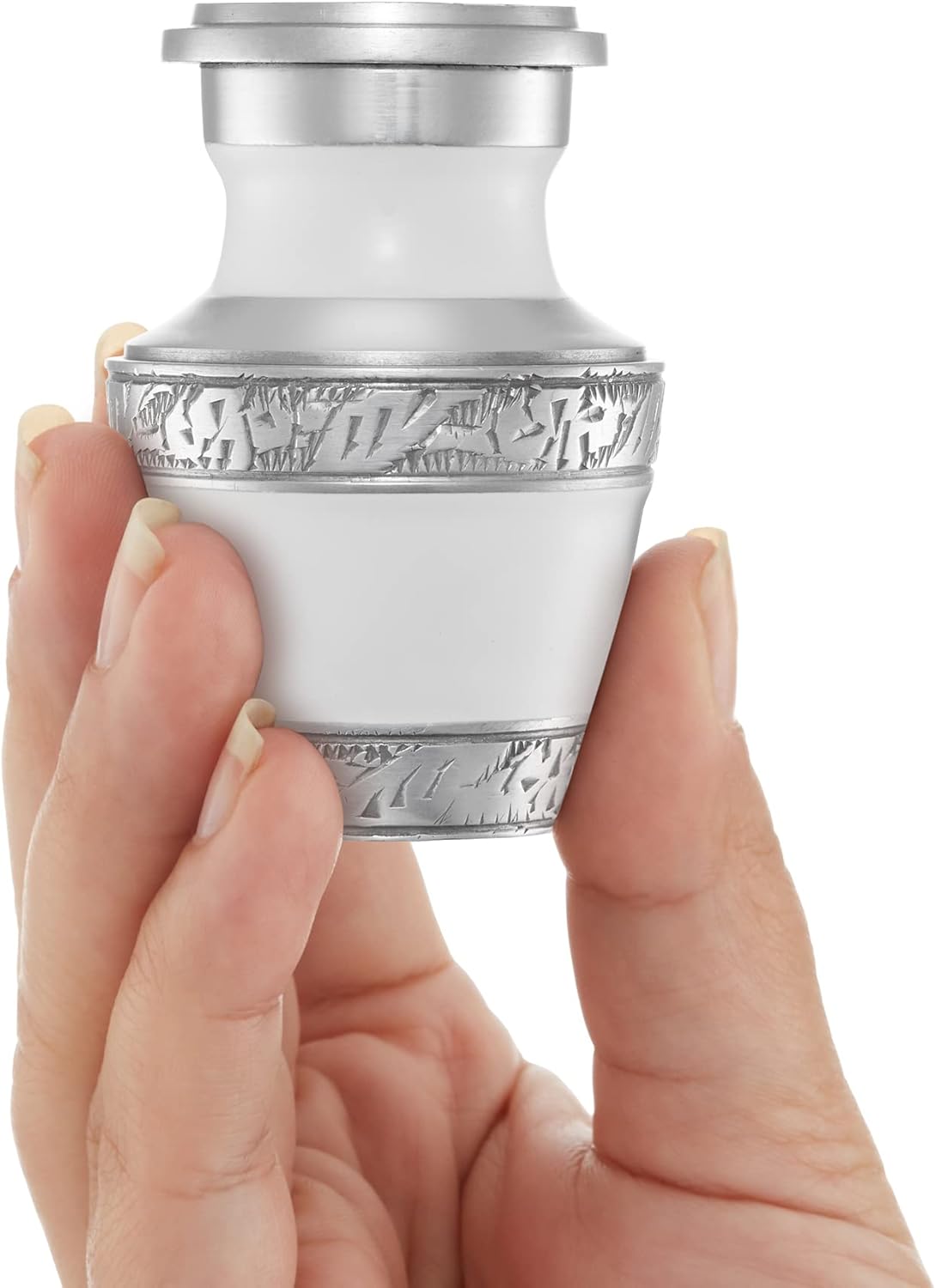 White and Silver Miniature Cremation Memorial Urn with Velvet Case C96760