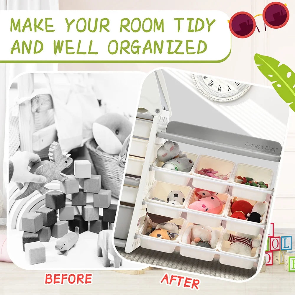 Grey Kids Bookshelf Toy Storage Organizer with 17 Bins and 4 Bookshelves U4858