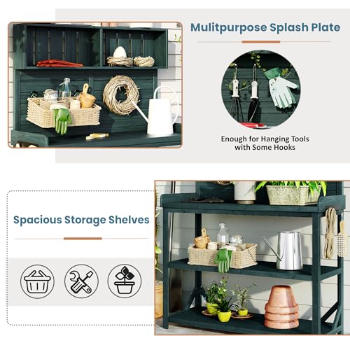 Brown Wooden Potting Bench Table with 2 Drawers, Cabinet, Open Shelves O84288