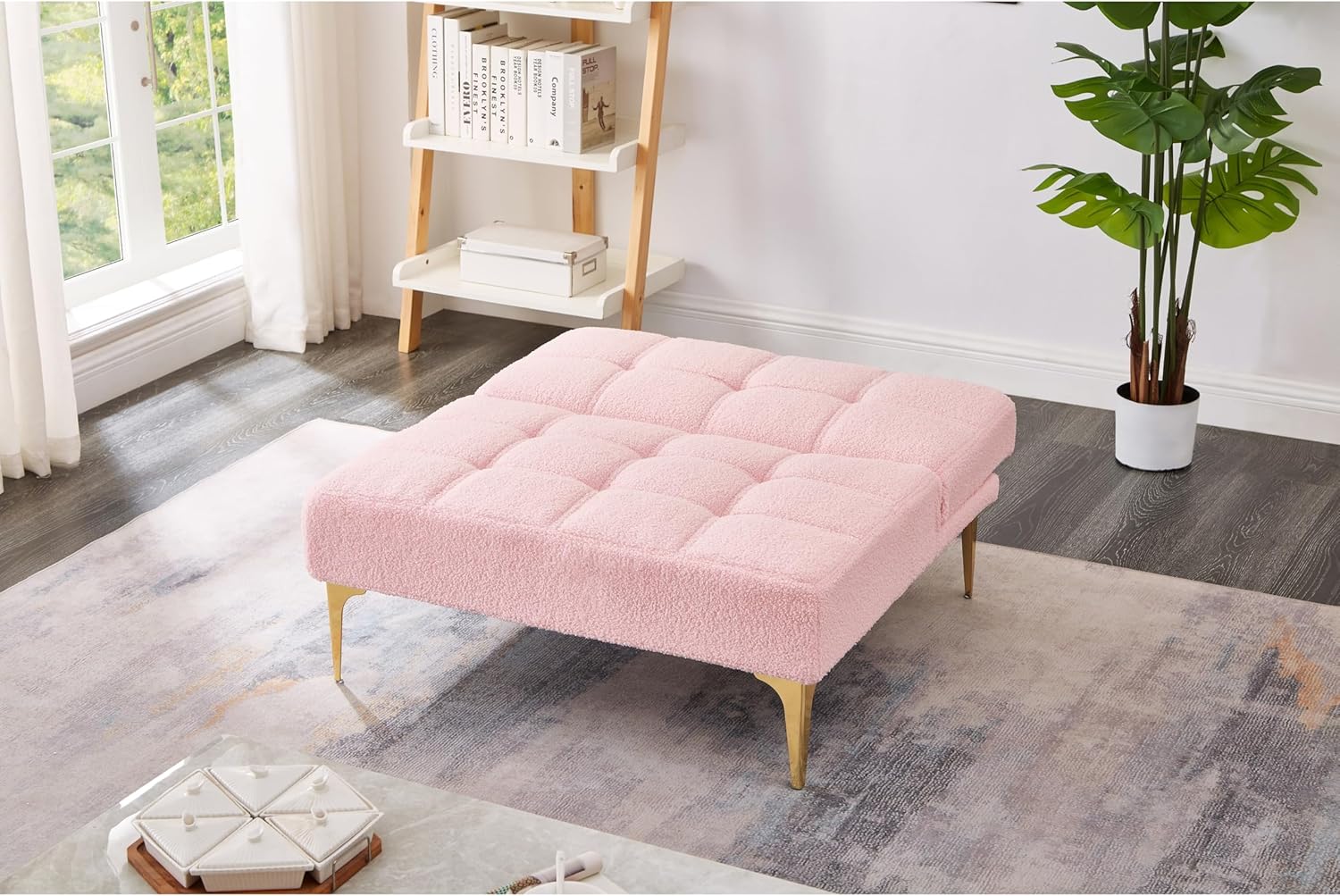 Pink Chevron Solid Felt Wood Down Fill Cushions Manual Recline Single Sofa Bed Futon Chair Lounger P1406