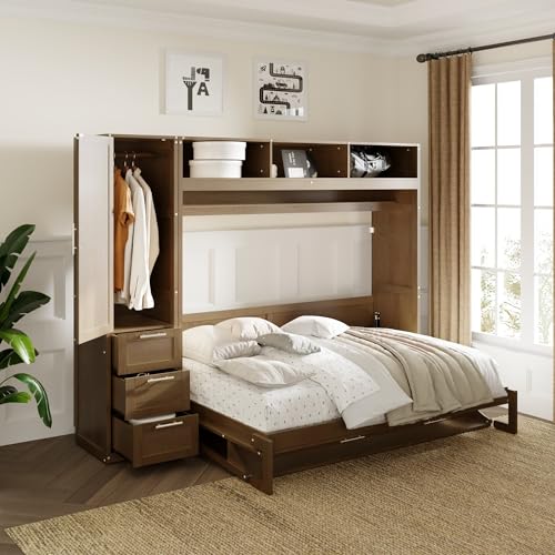 Antique Grey Wooden Murphy Bed with Wardrobe, 3 Drawers and 3 Open Top Shelves Y852547