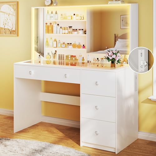 White 50" Vanity Desk with Mirror and Lights, Glass Top, 11 Drawers & 8 Hidden Storage Shelves, 3 LED Lighting Modes V24367