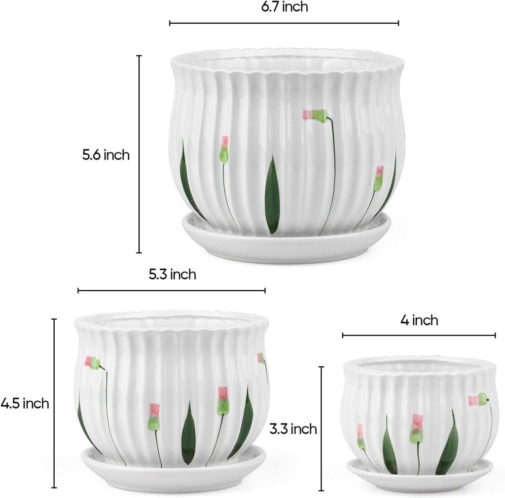 Set of 3 Ceramic Plant Pots with Drainage and Saucer H557449