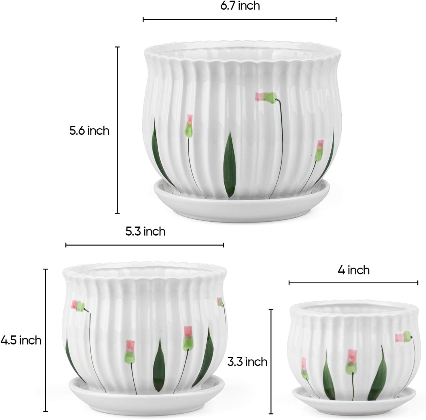 Set of 3 Ceramic Plant Pots with Drainage and Saucer H557449
