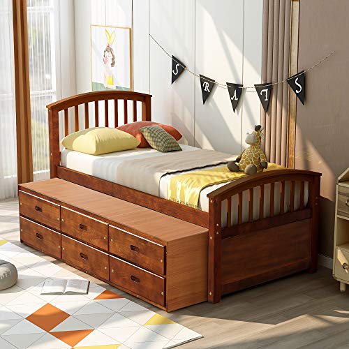 White Solid Wood Twin Platform Bed with 6 Drawers P664085