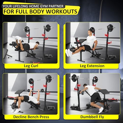 Professional Olympic Weight Bench Set with Squat Rack Adjustable Bench Press with Leg Extension and Curl Heavy-Duty Bench Press Preacher Curl Bench M53484