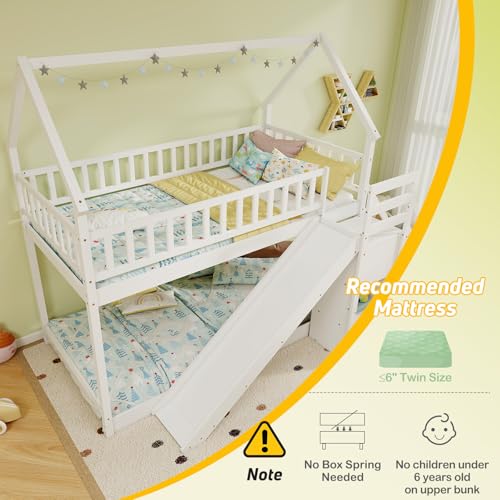 White Wood Bunk Bed Twin Over Twin with Slide & Stairs D9083